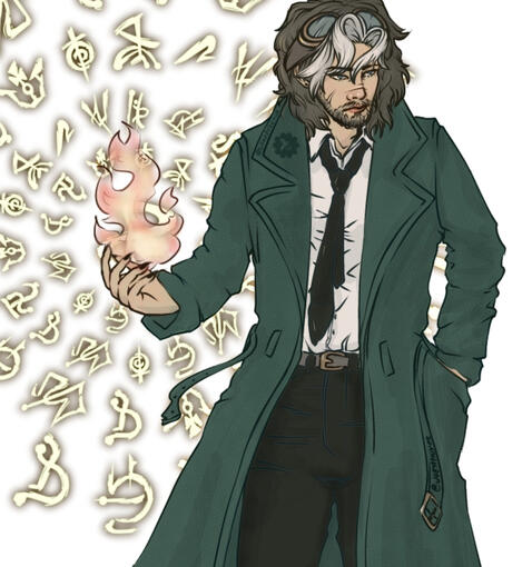 A drawing of Cellbit’s qsmp character with a long green trench coat black jeans a white dress shirt and black tie brown combat boots and brown goggles on top of his brown white streak hair as he conjures fire
