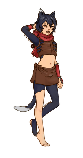 Izutsumi is in her cat hybrid form they are wearing a brown skirt and light body armor