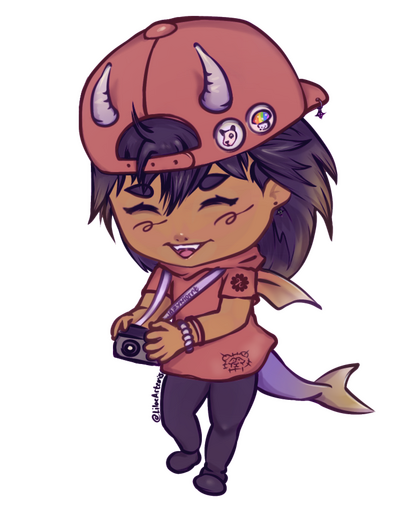 Qsmp Leo as an aquatic dragon hybrid child she’s holding a camara and wearing her red hat with two pins inspired by her other hats her “human” features are a mixture of her dads with purple and gold hues