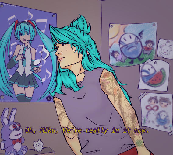 Qsmp jaiden animations leaning towards a miku poster the caption reads “oh, miku we’re really in it now” referencing the good place the background is full of memorabilia of the character like chiikawa fnaf bonnie and her minecraft rp family