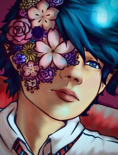Rin Okumura having hagl his face covered in an assortment of flowers his swords sheath rests on his shoulders and a blue horn shaped flame can be seen sprouting from his head