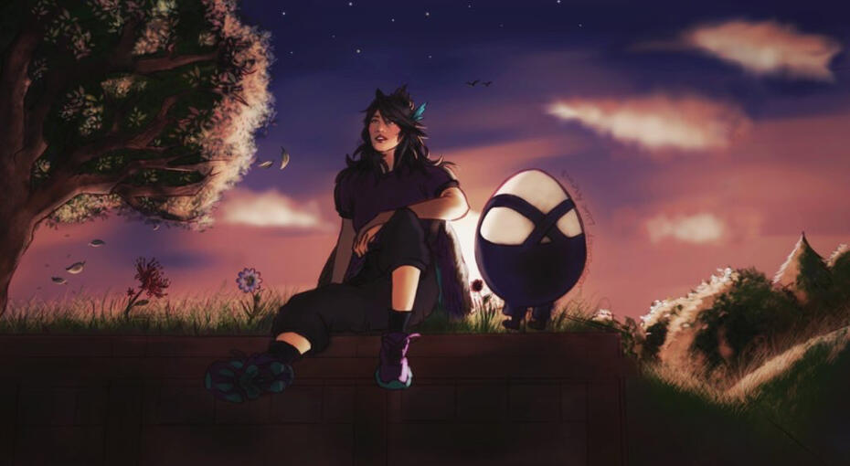 A screen shot redraw of Q! Jaiden and Bobby in front of a sunset