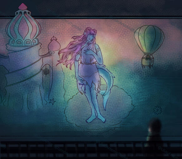 LdShadowLady from Empires Season 1 on a giant billboard promoting travel to her Empire with a small version of Smallishbeans in an air balloon. The art is reminiscent of the birth of Venus