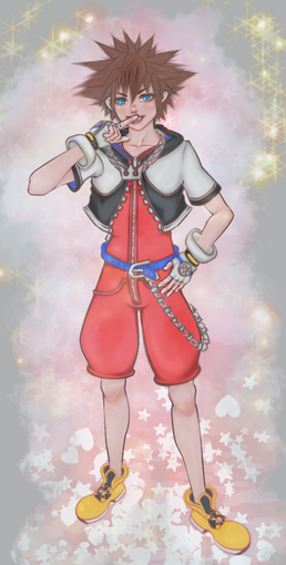 Sora rubbing his nose with his finger looking bashful in his kh1 outfit