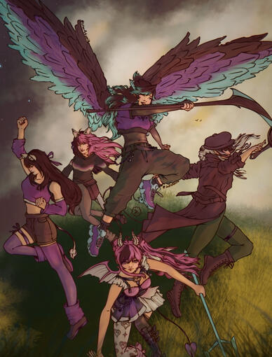 Qsmp characters jaiden nihachu holding a whip iron mouse kneeling with a trident Tina kitten mid uppercut jump and bagi holding a frying pan in various fighting stances in a circle with jaiden in the center mid flight arm streched holding a scythe