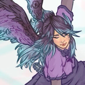 Jaiden Animations minecraft qsmp character holding a scythe while in a half kneel super hero pose her multicolored wings flared behind her as she looks down at the floor