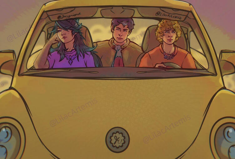 Percy jackson tv version driving a yellow car with qsmp jaiden animations riding shotgun looking bored and red hood jason todd staring straight ahead at the viewer