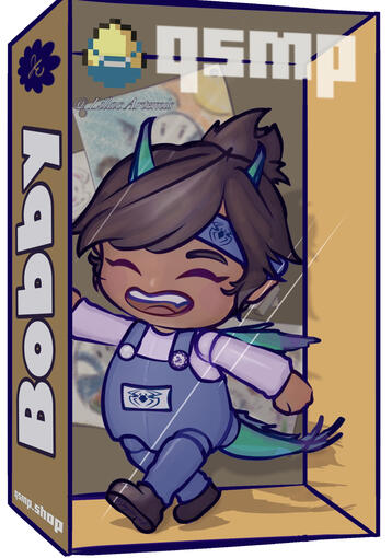 A chibi version of qsmp bobby as a feathered dragon child hybrid with a purple teal color scheme for his dragon features and a mix of q! Jaiden and q! Roier for his “human” features his horns are similar to shiny rayquaza