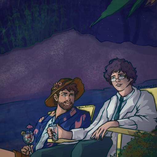 !keralis looking at !Cubfan while sitting in his beach chairs infront of a lake palm trees and bamboo in the background