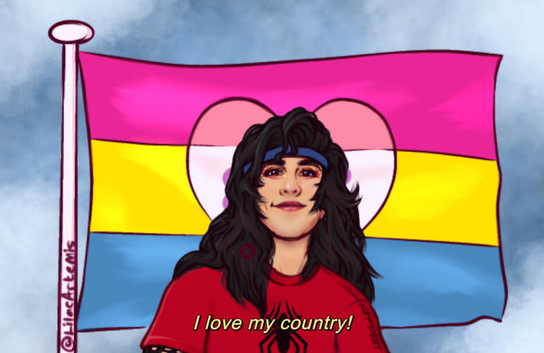 Depiction of melissa roier’s oc in his fractured but hole play through she is standing in front of a pansexual flag with a sapphic flag in the form of a heart in the middle referencing a better call saul meme