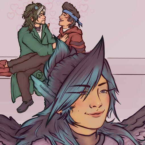 Q! Jaiden smiling at the viewer as Q! Roier and Q! Cellbit gaze lovingly into each other